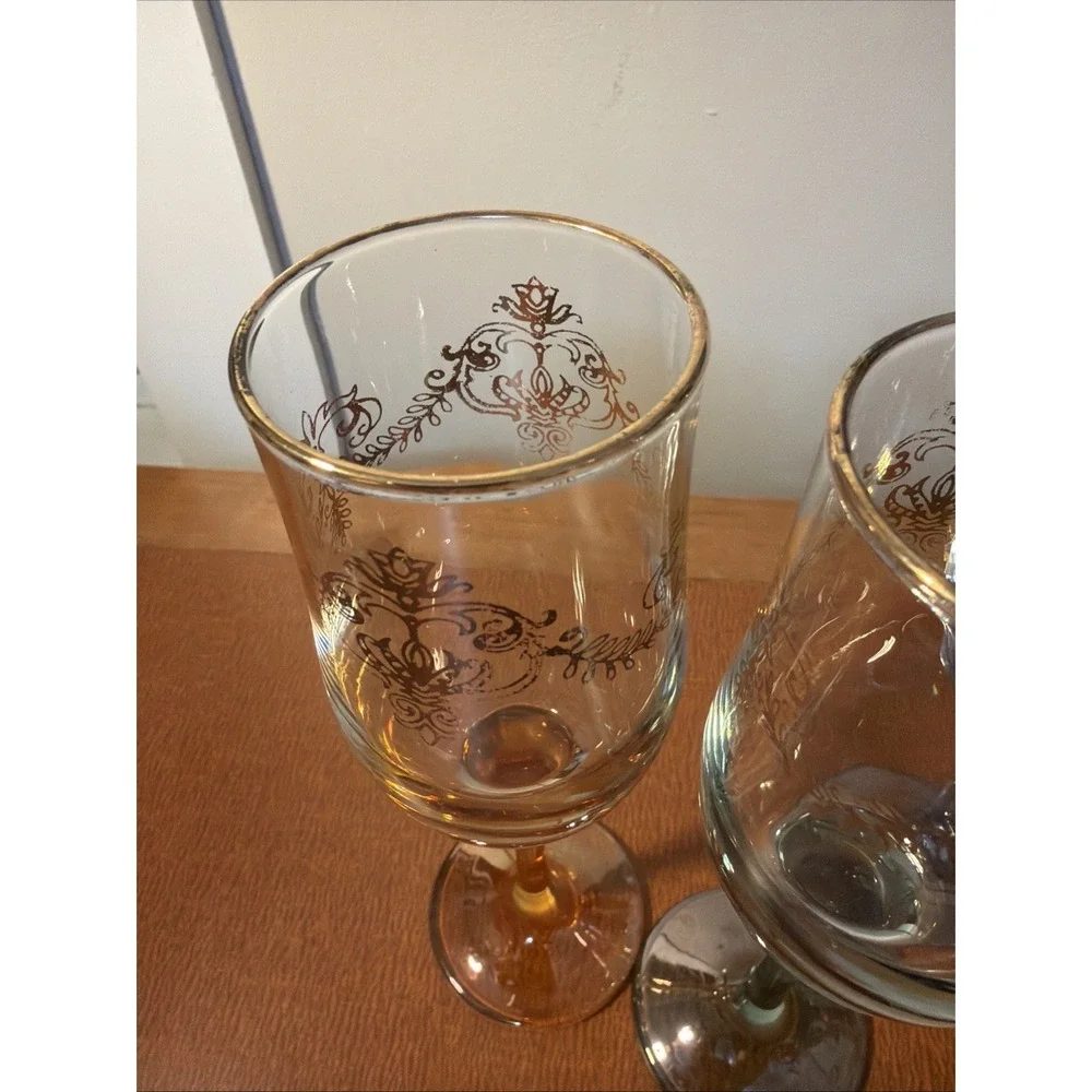 Vtg Champagne Toasting Flutes Colored Iridescent Stem Gold Trim Wedding Set Of 4